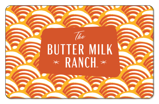 The butter milk ranch logo over yellow and orange half circle design background